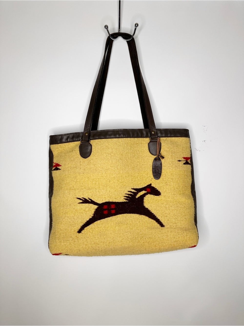 Manos Zapotecas Handwoven Yellow Horse Motif Tote Bag with Brown Leather Trim